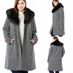 Jessica London Black White Tweed Mid-Length Faux Fur Collar Coat 16W